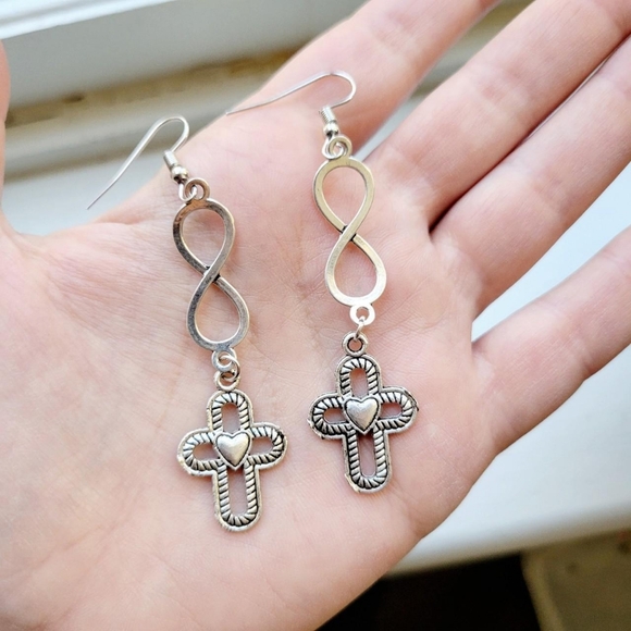 Pair of Silver Cross Infinity Drop Hook Earrings - Picture 8 of 8